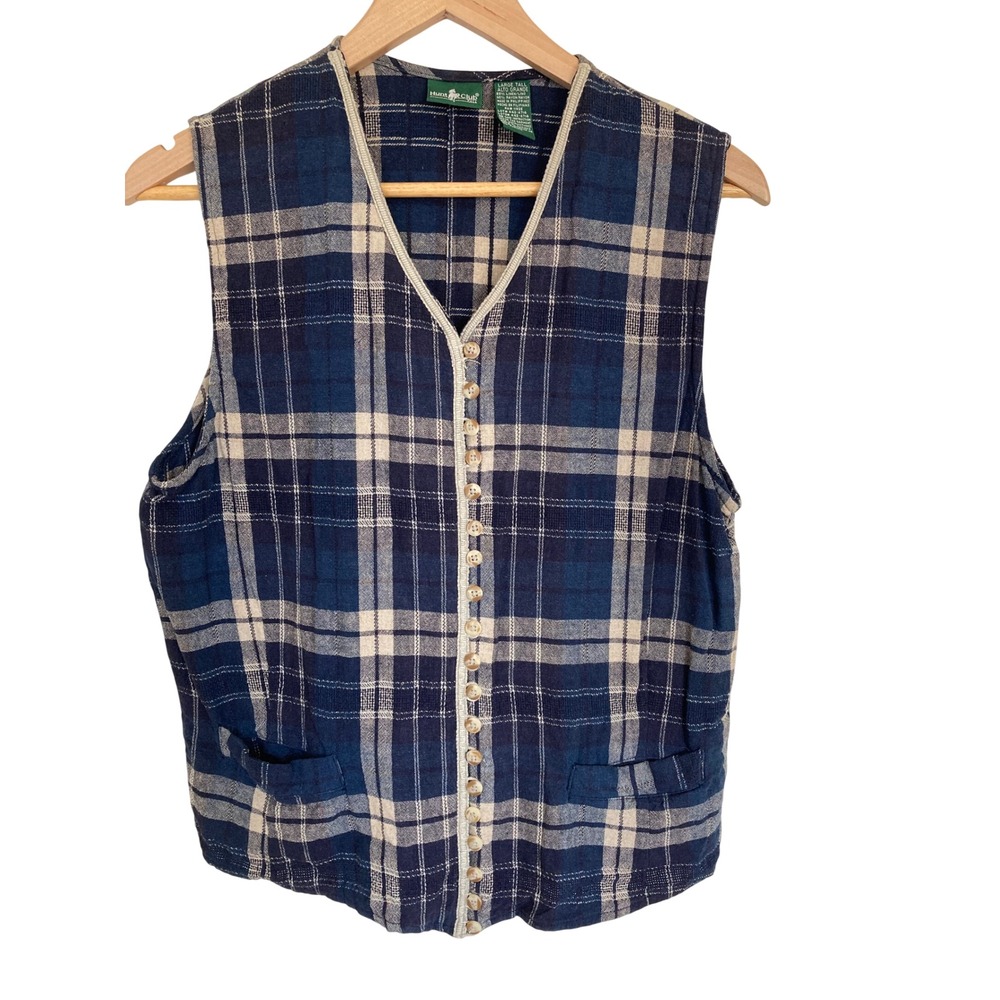 Hunt Club Tall Blue Plaid Linen Blend Button Front Vest Large Tall Cottagecore